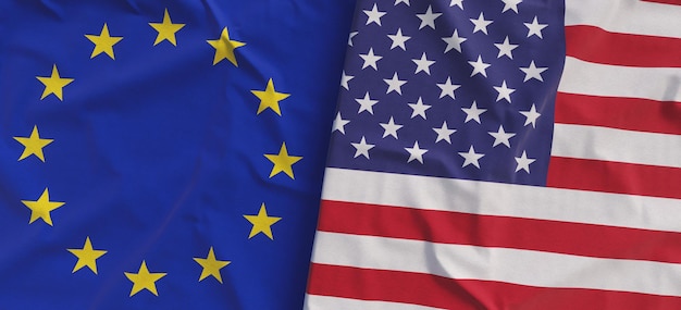 Flagi Unii Europejskiej I Usa Zbliżenie Flag Lnianych Flaga Wykonana Z Tkaniny Ue Stany Zjednoczone Symbole Narodowe Ilustracja 3d