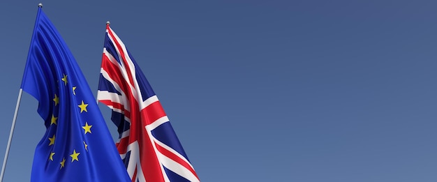 Flagi Unii Europejskiej i Wielkiej Brytanii na masztach na niebieskim tle Dla tekstu ilustracja 3d