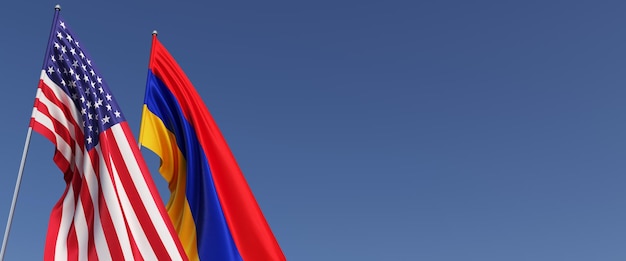 Flagi USA i Armenii na masztach flagowych z boku Flagi na niebieskim tle Miejsce na tekst Stany Zjednoczone Ameryki Erywań Commonwealth ilustracja 3D