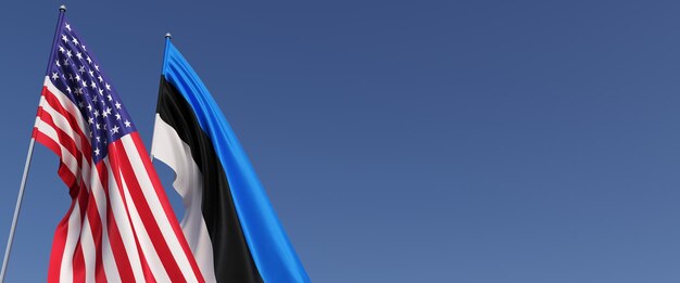 Flagi USA i Estonii na masztach flagowych z boku Flagi na niebieskim tle Miejsce na tekst Stany Zjednoczone Ameryki Tallin Europa Commonwealth Ilustracja 3D