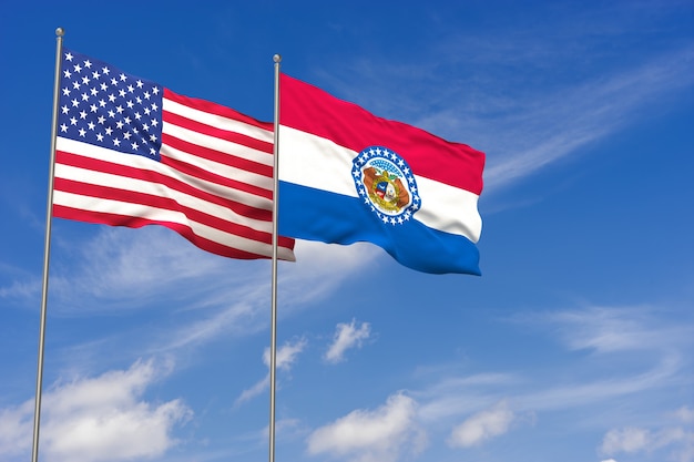 Flagi USA i Missouri na tle błękitnego nieba. ilustracja 3D