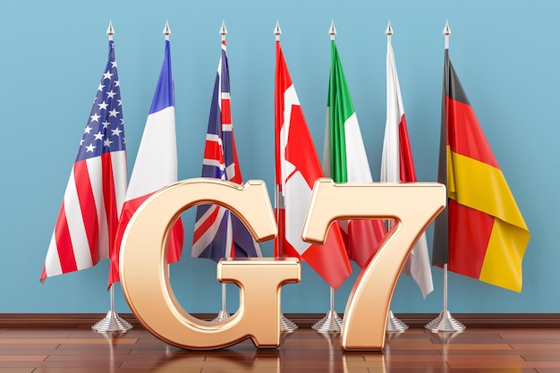 Zdjęcie flagi wszystkich członków posiedzenia g7 koncepcja renderingu 3d