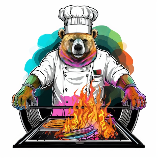 Zdjęcie flaming grizzly chef kolorowy projekt koszulki wektorowej z niedźwiedziem grillującym w białym kapeluszu szefa kuchni