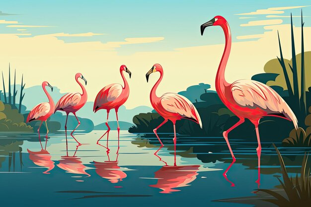 Flamingi stojące w kolejce razem w wodzie Ilustracja Generatywna AI