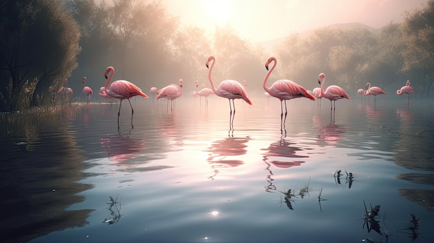 Flamingi w wodzie o zachodzie słońca