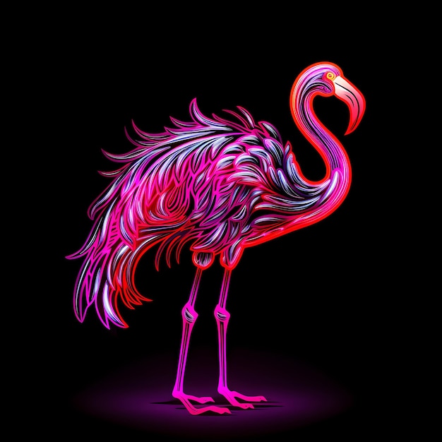 Zdjęcie flamingo glow embroidery design z neonowo-różowym konturem na czarnym