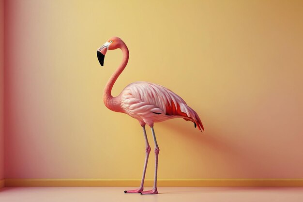 Flamingo na żółtym tle 3d render minimalistyczny styl