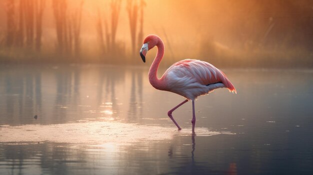 Flamingo stojące na brzegu jeziora o wschodzie słońca