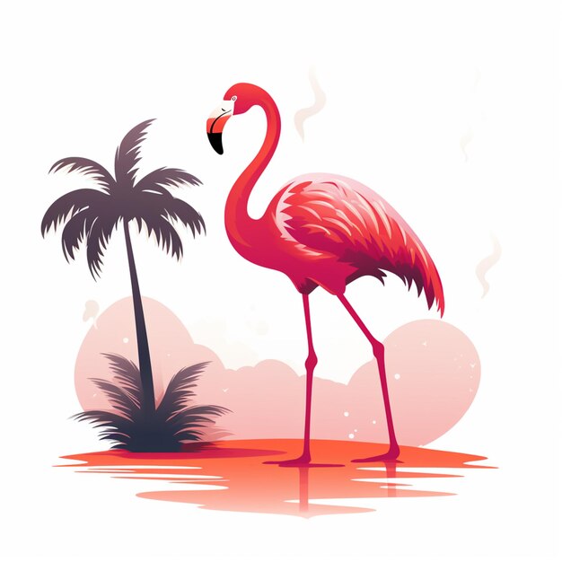 Flamingo stojące na plaży z palmami i różowym niebem generatywny ai