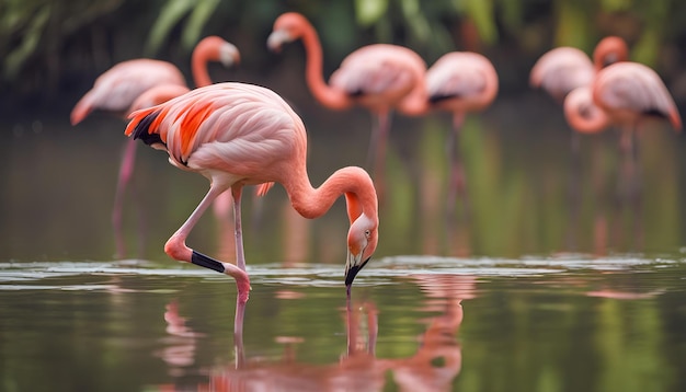 flamingo stojące w wodzie z odbiciem