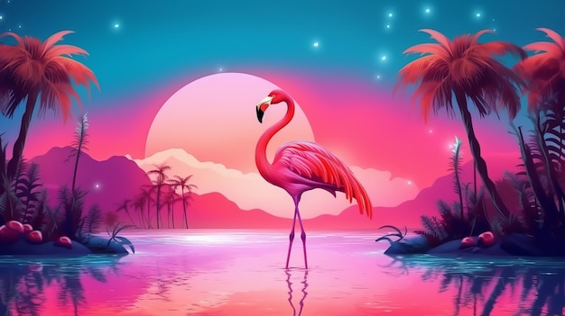 Flamingo tropikalny dyskoteka styl jasne tło podróży koncepcja Generative ai