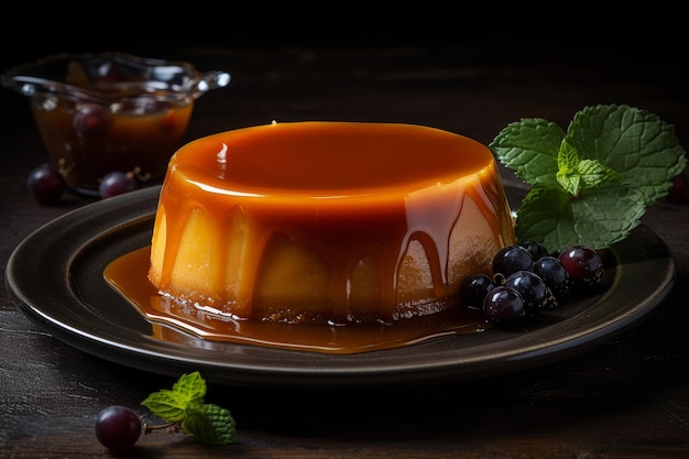 Flan z wiązką jagody na talerzu