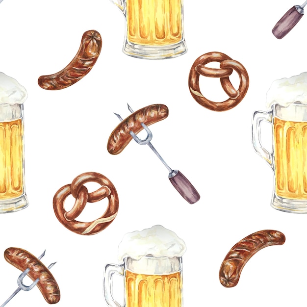 Flaski do piwa, precle i kiełbaski, tło, akwarel, bezszwowy wzór, idealny do wyposażenia imprez, zaproszeń na wydarzenia, dekoracji kuchni