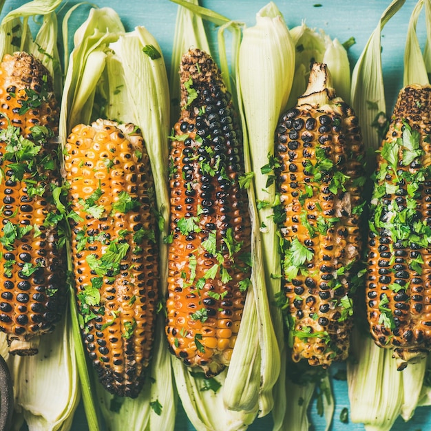 Flatlay z grillowanej kukurydzy z kwadratowymi przyprawami