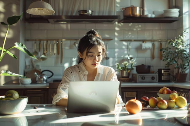 Flexitarian Fusion Młoda kobieta przyjmuje elastyczność, pracując na swoim laptopie w towarzystwie