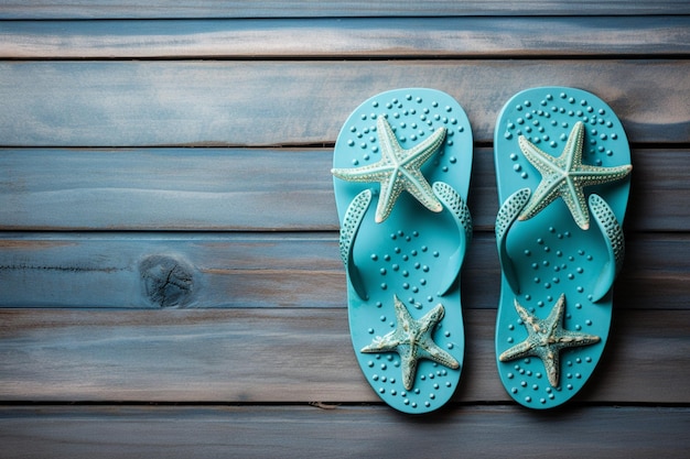 Zdjęcie flipflops rozgwiazdy lata seashore tła błękitny drewniany vertical