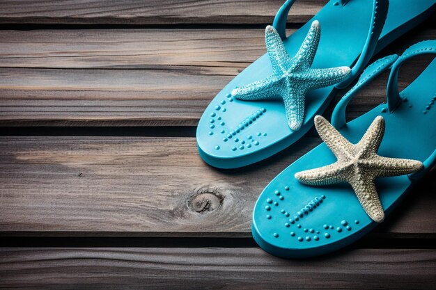 Zdjęcie flipflops rozgwiazdy lata seashore tła błękitny drewniany vertical