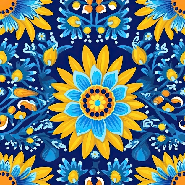 Floral portugal retro vintage bezszwowy wzór płytka szklany dekor ozdobny ozdobny niebieski żółty sztuka
