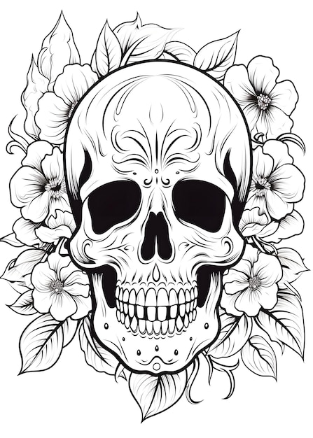 Zdjęcie floral skull coloring page sugar skull outline coloring page skull with flowers line art for coloring page skull coloring book skull coloring pages ai generative