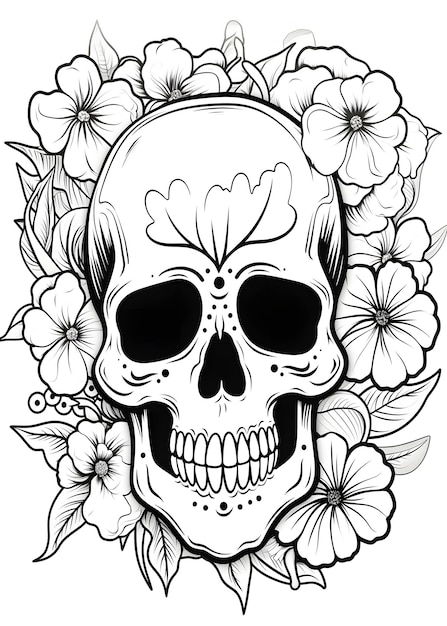 Zdjęcie floral skull coloring page sugar skull outline coloring page skull with flowers line art for coloring page skull coloring book skull coloring pages ai generative