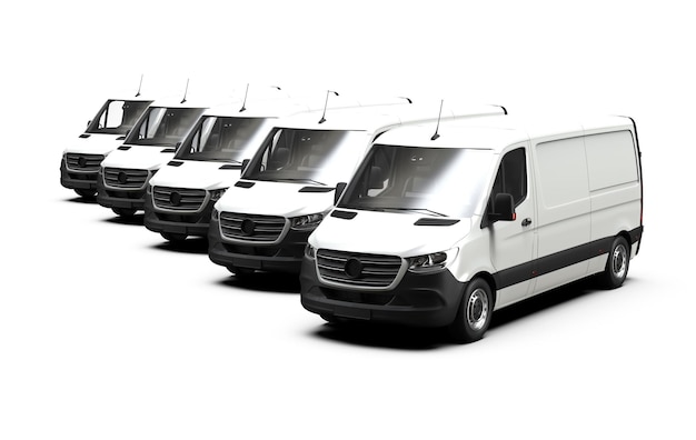 Zdjęcie flota białych ogólnych i niemarkowych furgonetek ilustracja 3d
