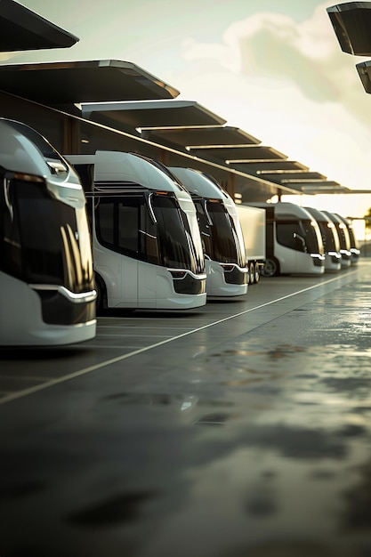Flota elektrycznych ciężarówek ładuje w futurystycznym magazynie, zmierzając w kierunku zrównoważonego transportu w
