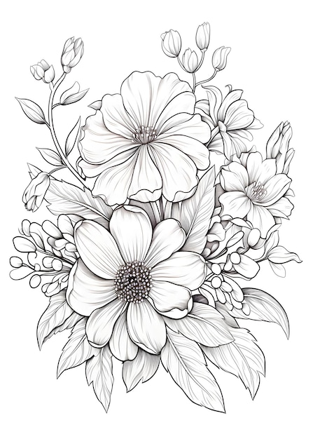 Zdjęcie flower coloring page line art flower coloring page hand drawn flower outline illustration coloring page flower line art for coloring page a drawing of a flower with leaves ai generative