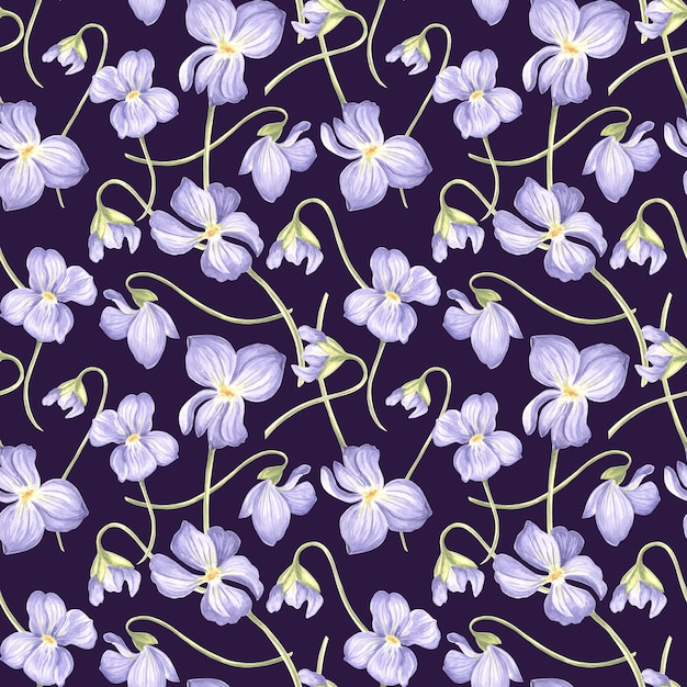 Zdjęcie flowers violet seamless pattern dark background watercolor garden pansy hand drawn illustration