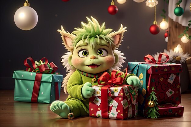 Zdjęcie fluffy baby grinch z prezentami na boże narodzenie