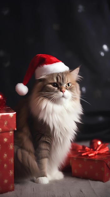 Fluffy kot w świątecznym czerwonym kapeluszu Świętego Mikołaja siedzący w pobliżu pudełek z prezentami w czerwonym papierze pakującym