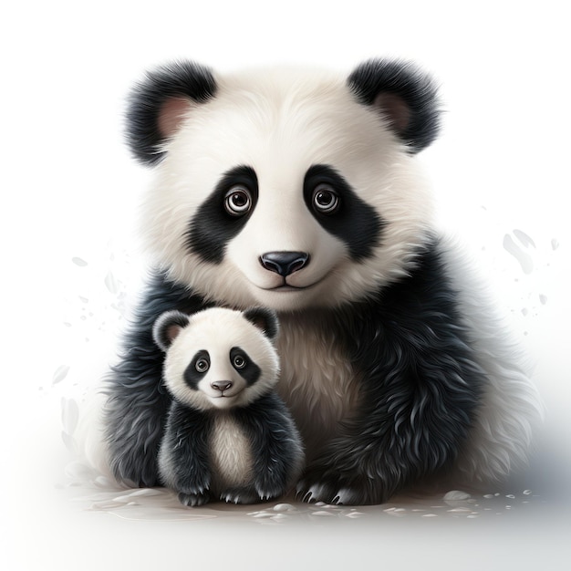 Fluffy Mommy i Baby Panda w stylu Disney Clipart generowany przez AI