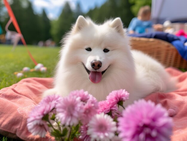 Fluffy pies siedzący na kolorowym kocyku piknikowym