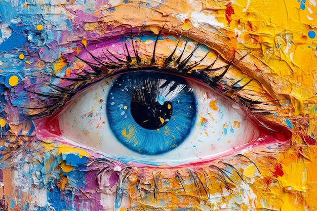Fluorytowy obraz olejny Konceptualny abstrakcyjny obraz oka Obraz olejny w kolorowych kolorach Konceptualny abstrakcyjny zbliżenie obrazu olejnego i szpachli na płótnie AI Generative