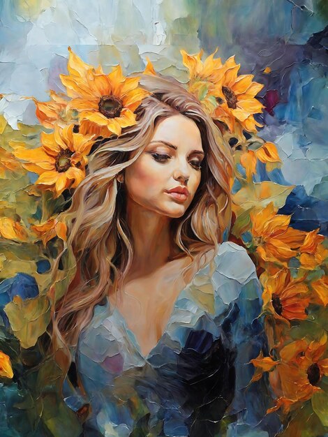 Fluorytowy obraz olejowy Koncepcyjny abstrakcyjny obraz Pięknej Kobiety Otoczonej Słonecznikami Olej