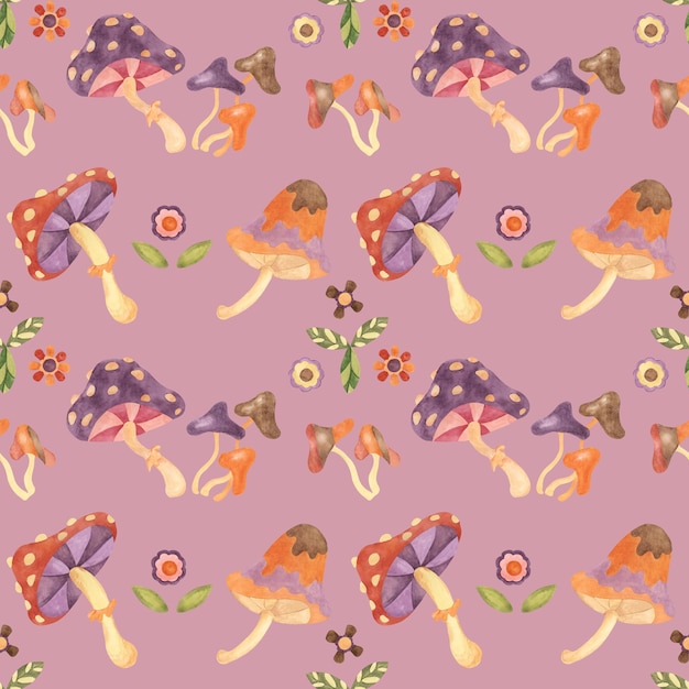 Fly agaric bezszwowy wzór z retro grzybami i kwiatami Vintage hippie ozdób tekstylny Nostalgiczny druk dla odzieży tapety scrapbooking