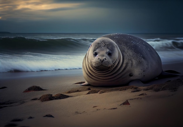 Foka leży na plaży w pobliżu morza