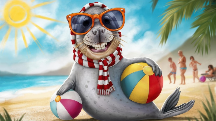 Foka z kreskówek z okularami przeciwsłonecznymi i szalikem na plaży trzymająca piłkę AI