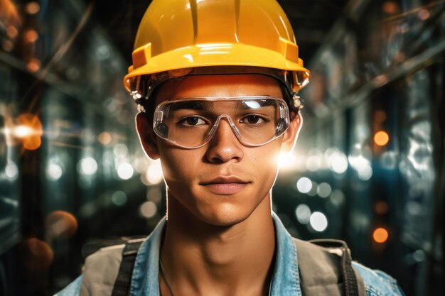 Fokussier junger Mann bei der Arbeit mit Helm und Schutzbrille (Mężczyzna przy pracy z hełmem i okularami ochronnymi)