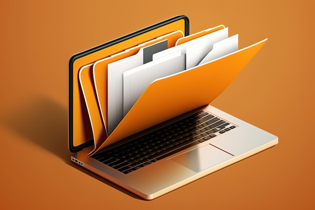 Folder plików na pomarańczowym tle ekranu laptopa Generative AI