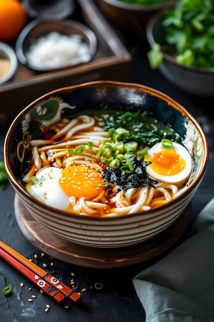 Folk Fusion Udon Noodle Soup w stylowym tle