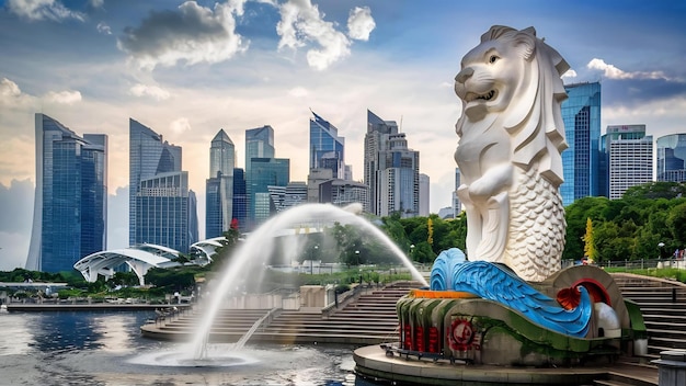 Fontanna posągu Merliona w parku Merliona i panoramie Singapuru