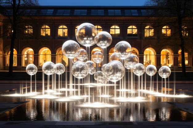 fontanna z wieloma jasnymi piłkami przed budynkiem