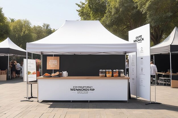 Zdjęcie food festival vendor booth signage mockup z pustą białą pustą przestrzenią do umieszczenia projektu