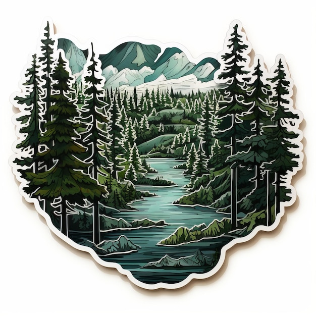 Zdjęcie forest art sticker realistyczne, bardzo szczegółowe przedstawienie lasu sosnowego i gór