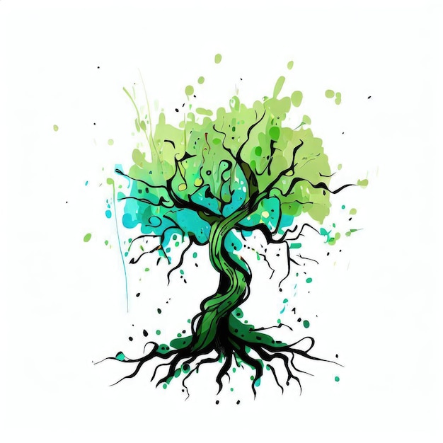 Forest Magic Green Splash Tree Akwarela Ilustracja Generatywna AI