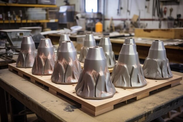Zdjęcie formy dzwonkowe ustawione w kolejce gotowe do procesu wylewania metalu stworzone za pomocą generatywnego ai