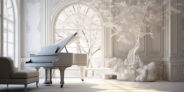 Fortepian i krzesło w klasycznym wnętrzu renderowania 3D ilustracji