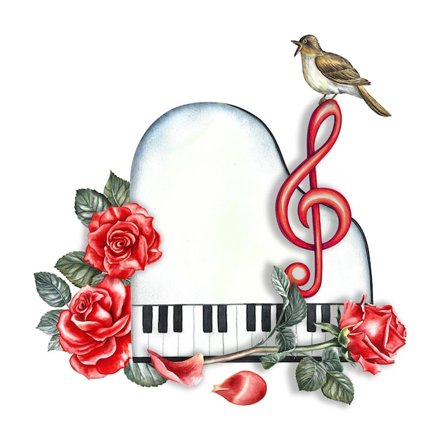 Fortepian jest biały, widok z góry z czerwonymi różami. Akwarela ilustracja jest narysowana ręcznie