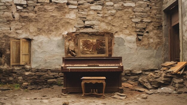 Zdjęcie fortepian stoi przed zburzoną ścianą.
