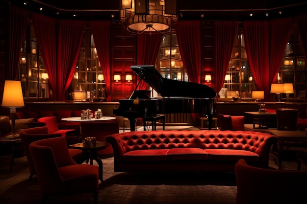 fortepian stoi w pokoju z czerwonymi zasłonami i czerwoną kanapą.